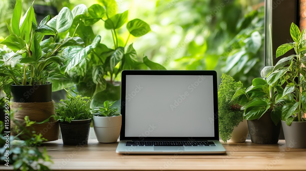 Fototapeta premium Laptop blank screen on wood table with cafe background, mockup, copy space for banner