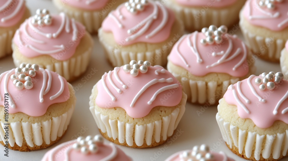 A close up of sugar cookies shaped like cupcakes, with pink icing and tiny edible pearls A close up of sugar cookies shaped like cupcakes, with pink icing and tiny edible pearls