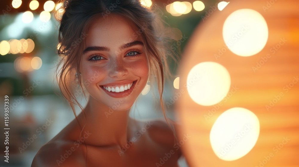 Young Woman Smiling Brightly With Festive Lights
