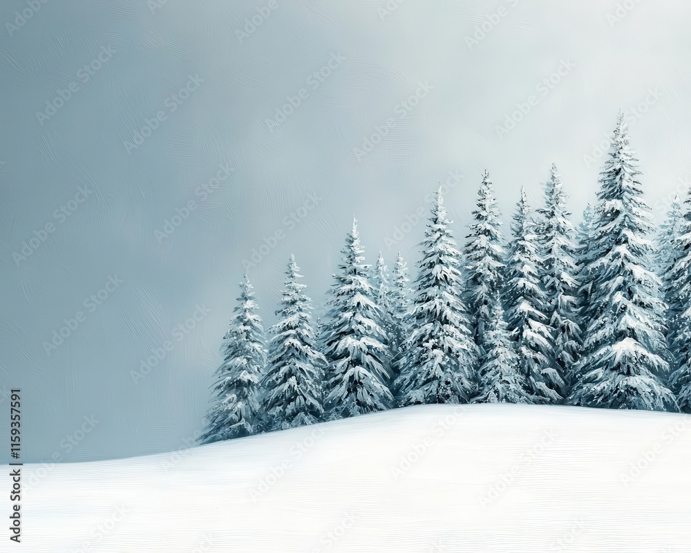 Fototapeta premium Snowcovered pine forest in acrylics, soft whites blending into deep blues to evoke winter tranquility