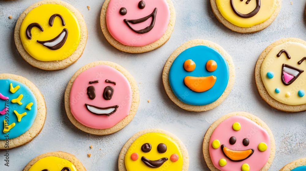 Fototapeta premium A playful assortment of sugar cookies shaped like emojis, with vibrant and expressive icing designs
