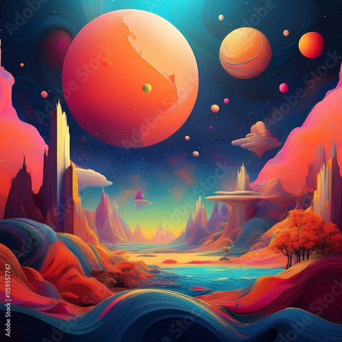 surreal digital art combining abstract shapes, dream-like landscapes, and vibrant, rich color palettes. Incorporate elements like floating objects, distorted realities, and cosmic themes.