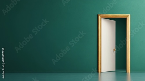 Open Door in a Minimalist Space with Green Wall and Elegant Gold Frame, Symbolizing New Opportunities, Possibilities, and Transition in Life or Design photo