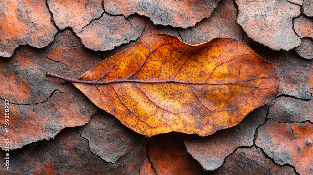 Brown leaf resting on cracked earth, showcasing nature's textures and colors Brown leaf resting on cracked earth, showcasing nature's textures and colors
