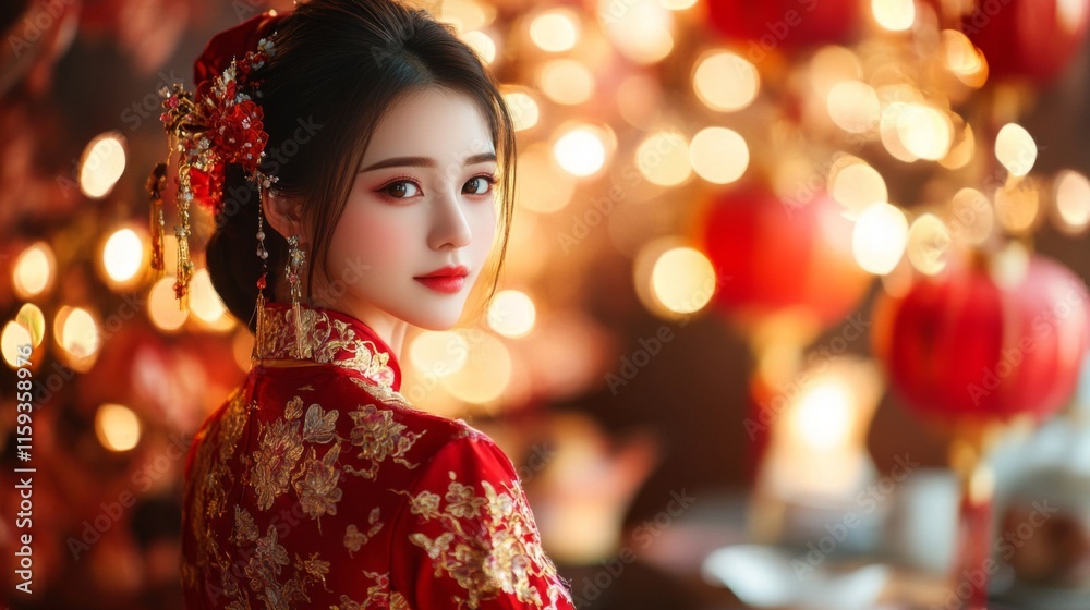 Elegant Woman In Traditional Red Chinese Dress Elegant Woman In Traditional Red Chinese Dress