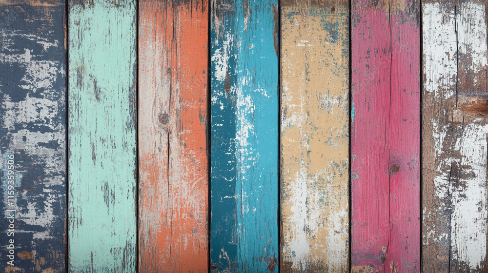 Colorful weathered wooden planks arranged in a vibrant pattern Colorful weathered wooden planks arranged in a vibrant pattern
