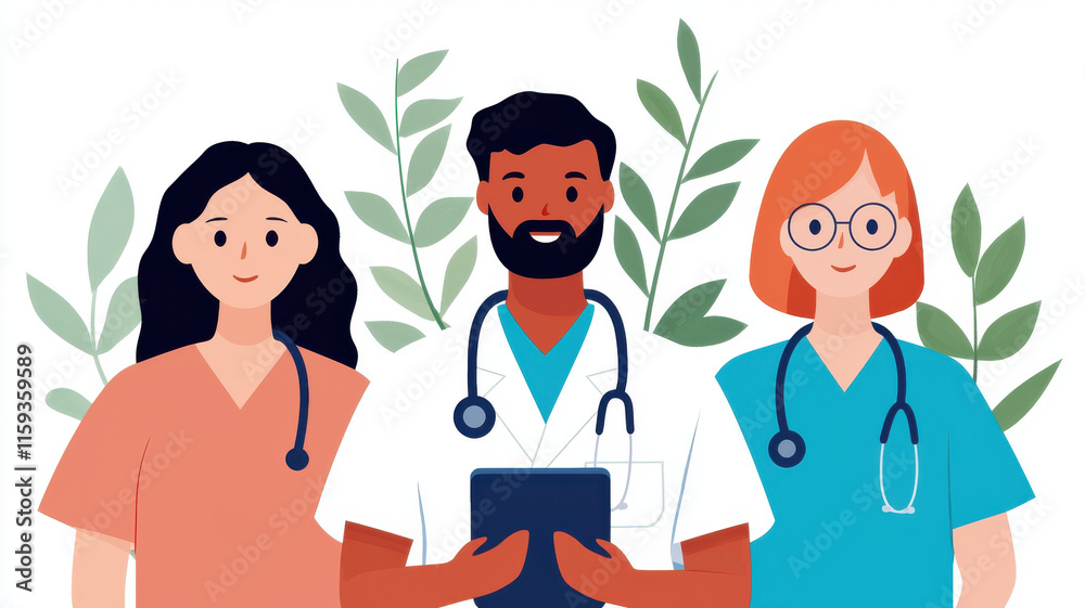 Healthcare professionals smiling together with plants in background Healthcare professionals smiling together with plants in background