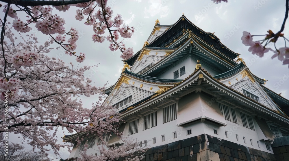 Fototapeta premium Osaka castle surrounded by cherry blossoms on overcast day.