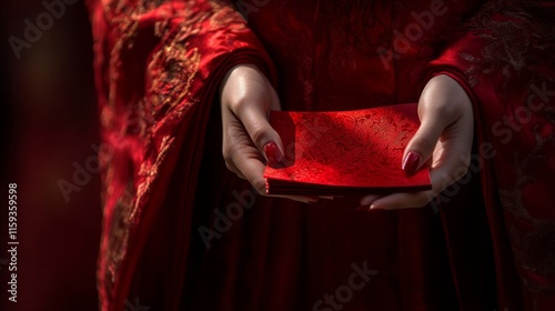 Red Dressed Woman Holding Ornate Red Envelopes photo