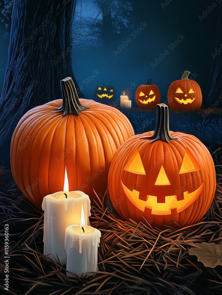 Obraz premium Autumn Night Pumpkins and Candles - Spooky Halloween scene, pumpkins carved and whole, candles glowing, autumn night, forest setting. Symbolizes: autumn, Halloween, harvest, mystery, celebration.