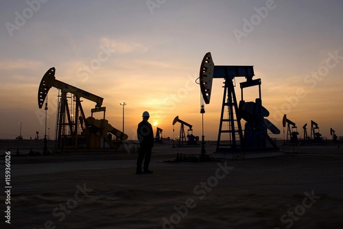 Oil rigs operate against a vibrant sunset, showcasing energy production in the desert landscape