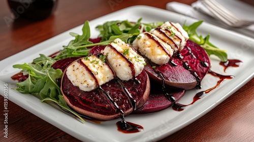 Anti-inflammatory roasted beet salad with goat cheese fresh arugula healthy dining modern cuisine photo