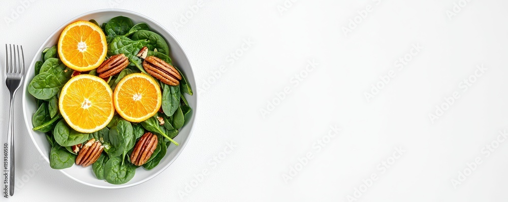 Anti-inflammatory food simple spinach salad with oranges and pecans on white background Anti-inflammatory food simple spinach salad with oranges and pecans on white background