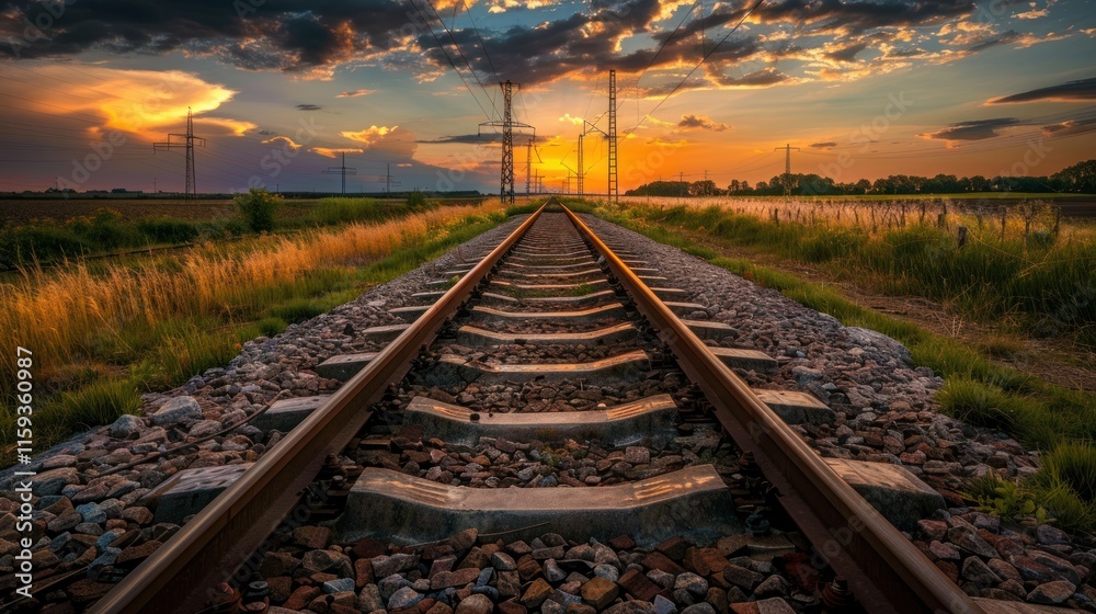 Railway tracks vanishing at sunset over field. Railway tracks vanishing at sunset over field.