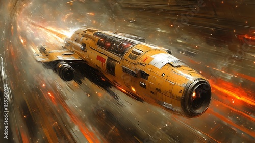 Orange spaceship in warp speed.