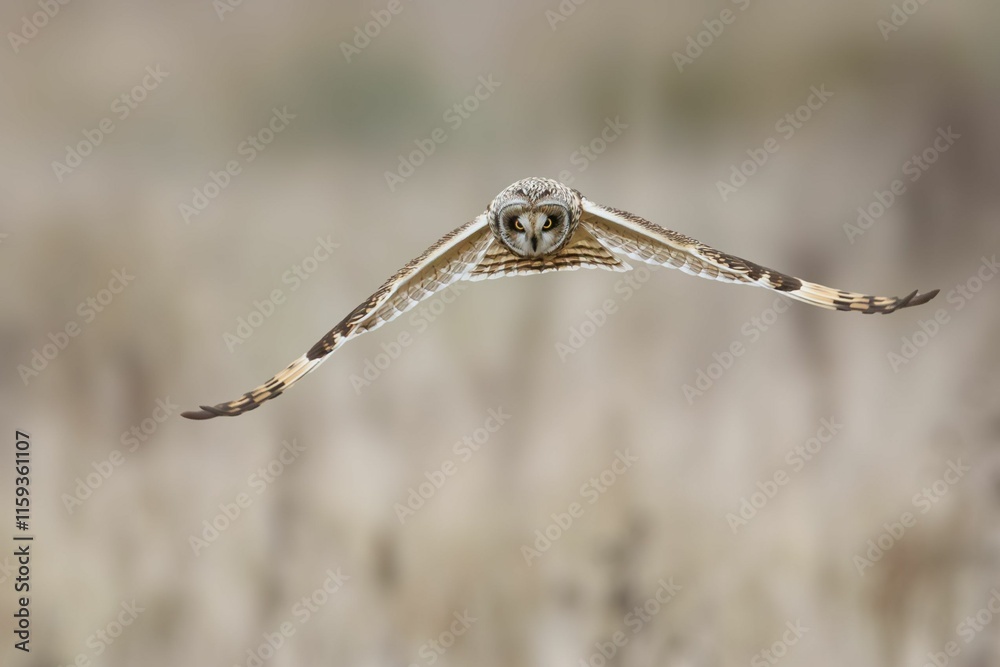 Short-eared owl in flight with wide wingspan. Short-eared owl in flight with wide wingspan.