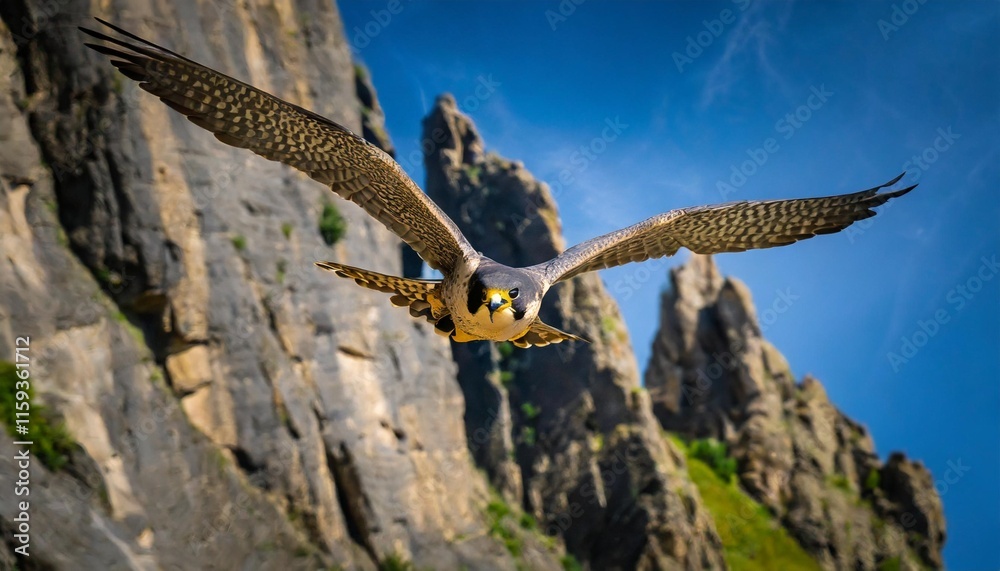 Naklejka premium Graceful Peregrine Falcon in Majestic Flight Over Jagged Emerald Cliffs