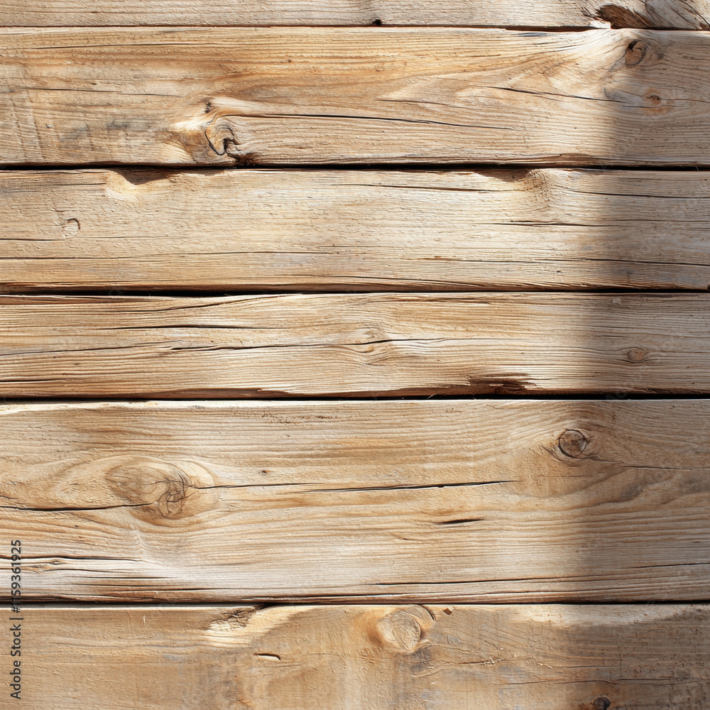 Naklejka premium Natural wooden planks with warm texture and light shadows create rustic feel