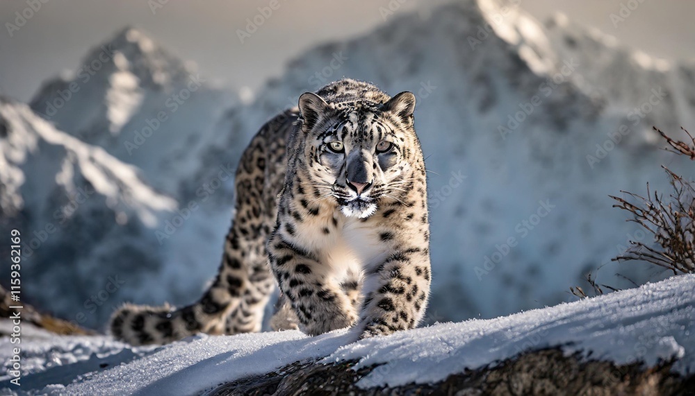 Elegant Snow Leopards Prowling Across Frosted Himalayan Peaks at Dusk Elegant Snow Leopards Prowling Across Frosted Himalayan Peaks at Dusk