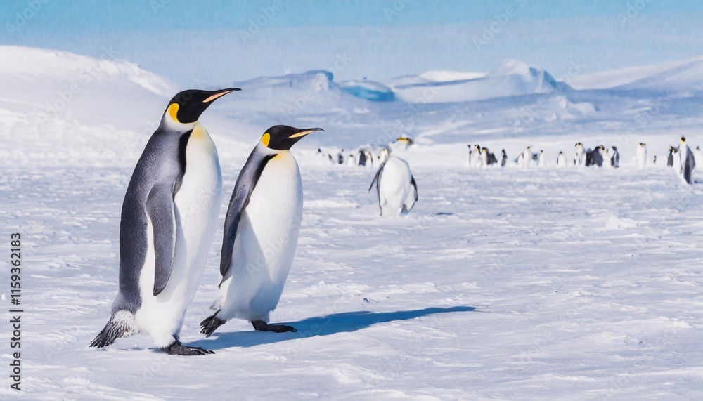 Naklejka premium Emperor Penguins Marching Across the Vast Antarctic Ice in a Harsh Winter