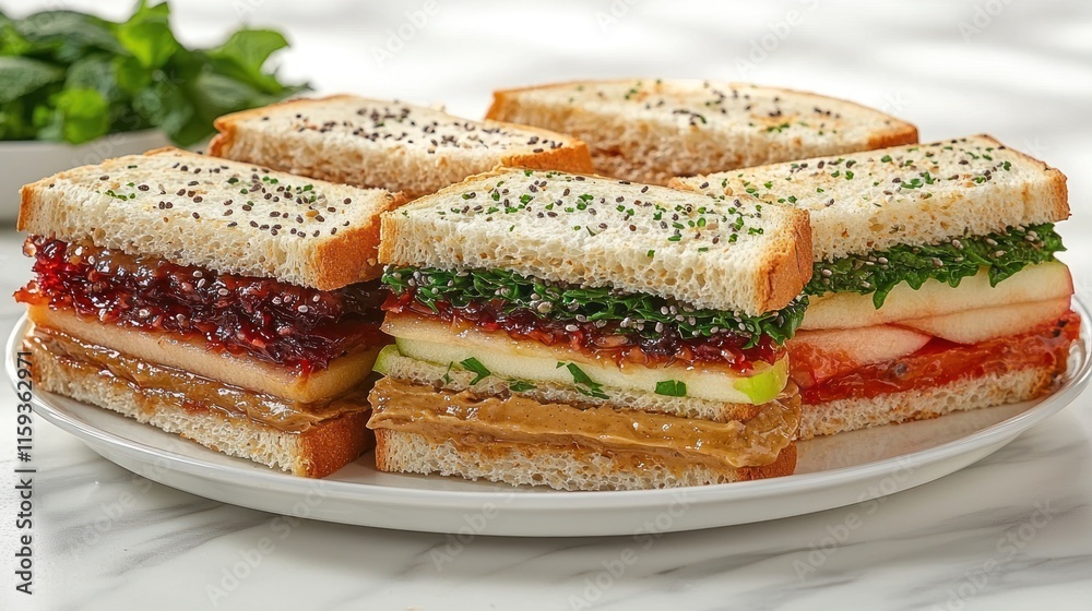 Plate of four peanut butter and jelly sandwiches with apple slices. Plate of four peanut butter and jelly sandwiches with apple slices.