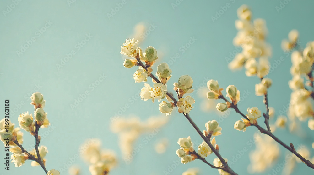 A close-up of budding tree branches with tiny green leaves and flower buds, set against a soft blue spring sky A close-up of budding tree branches with tiny green leaves and flower buds, set against a soft blue spring sky