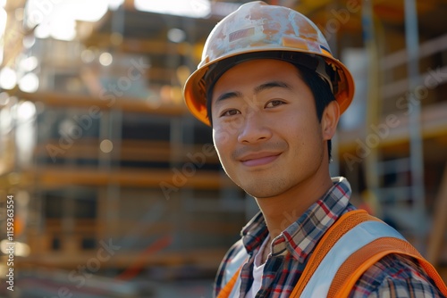 A confident construction worker in a safety helmet smiles at the camera on a building site, showcasing teamwork. photo