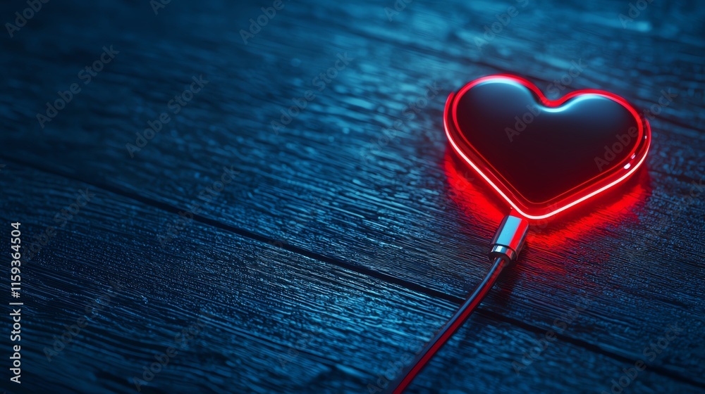 Fototapeta premium A neon red heart shape glowing against a dark wooden surface, symbolizing love and passion in a modern, stylish design.