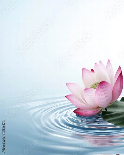 serene pink lotus flower floating on calm water, creating gentle ripples