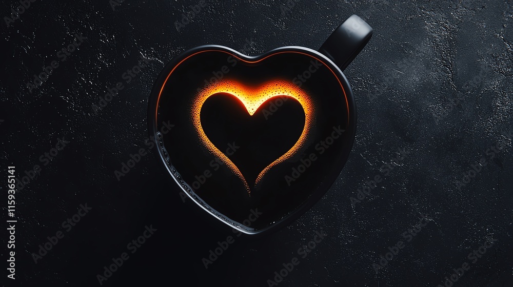 A heart-shaped cup filled with dark coffee, set against a textured black background, symbolizing love and warmth in every sip. A heart-shaped cup filled with dark coffee, set against a textured black background, symbolizing love and warmth in every sip.