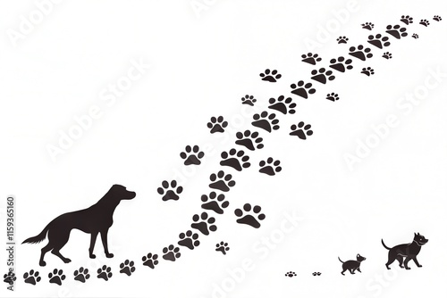 Paw vector foot trail print of cat. Dog, puppy silhouette animal diagonal tracks for t-shirts, backgrounds, patterns, websites, showcases design, greeting cards, child prints and etc. photo