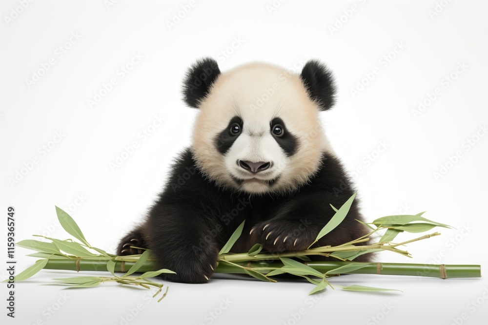 Obraz premium A cute panda munching on bamboo, showcasing its playful and adorable personality in a natural setting.