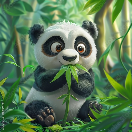 A cute panda happily munching on bamboo in a lush green forest, embodying joy and playfulness in nature. photo