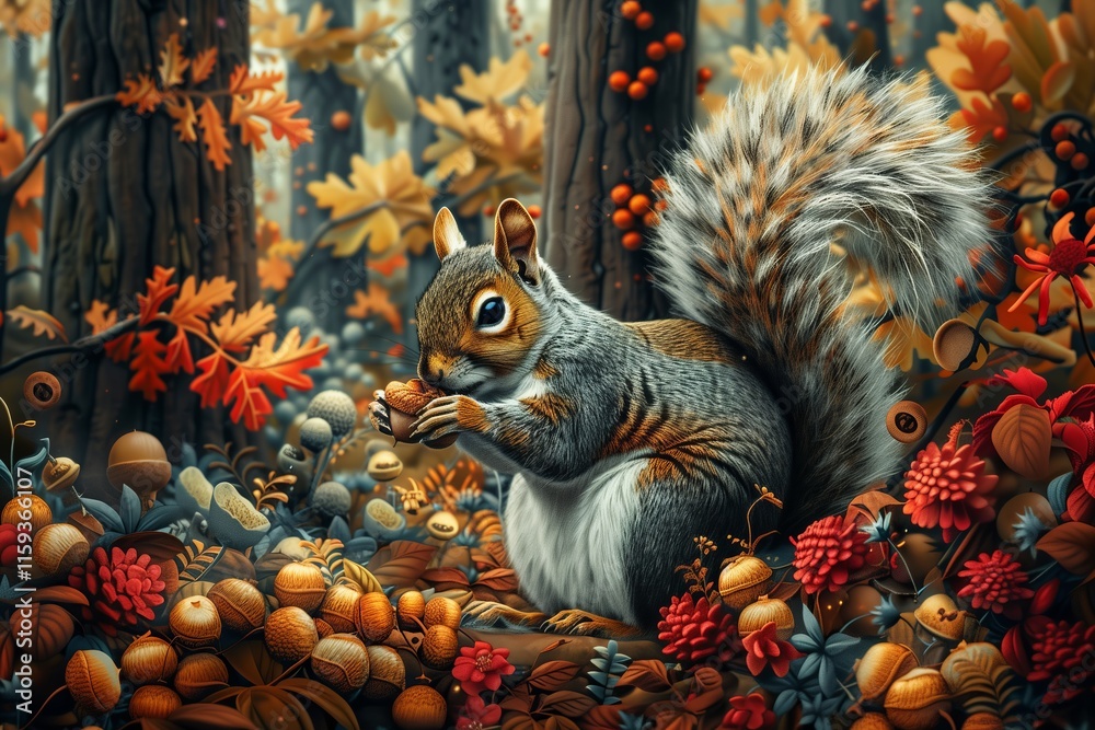 Obraz premium A cute squirrel enjoying acorns amidst colorful autumn foliage in a vibrant forest setting.