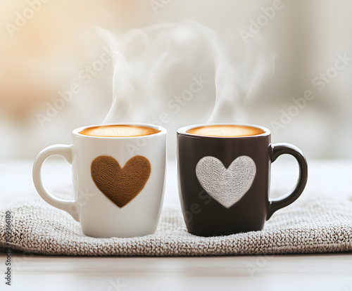 romantic steaming coffee mugs with hearts, perfect for valentine's day themes photo