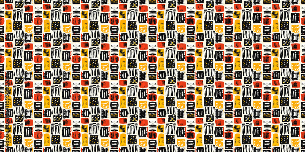 Fototapeta premium Abstract African art shapes seamless backgrounds, tribal geometric decoration patterns. Colored flat boho symbols illustrations