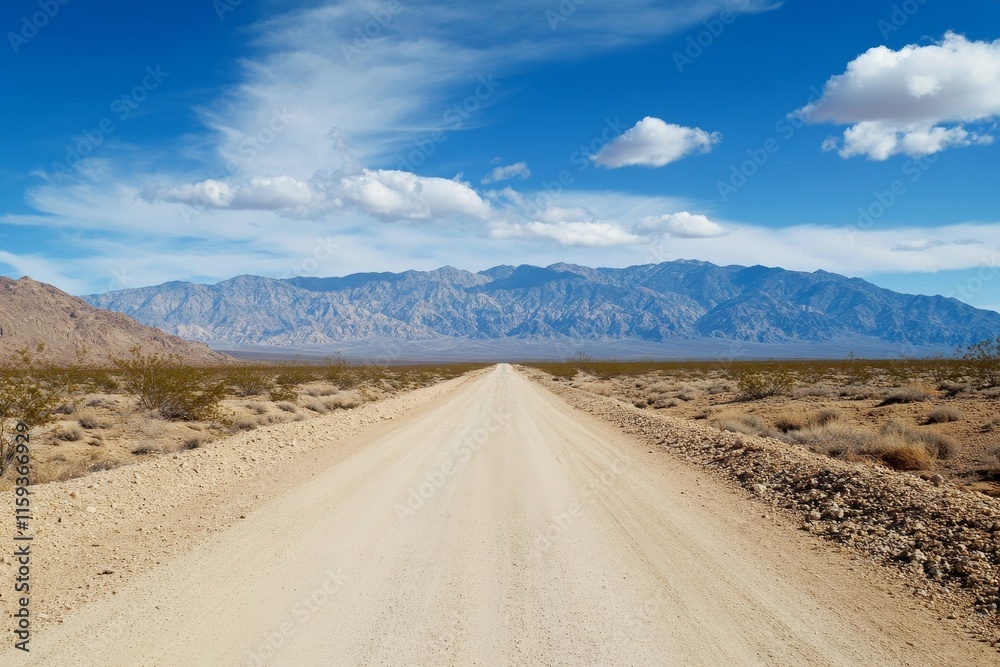 Desert Road to Mountain Range - Journey, adventure, solitude, freedom, exploration. A long road leads towards a majestic mountain range under a vast blue sky. Desert Road to Mountain Range - Journey, adventure, solitude, freedom, exploration. A long road leads towards a majestic mountain range under a vast blue sky.
