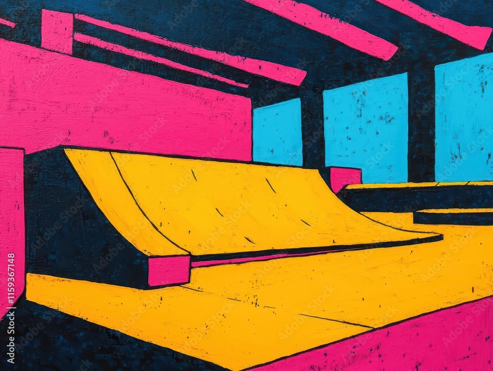 Naklejka premium Vibrant acrylic painting of a graffitifilled skate park in an urban industrial area, bold and modern