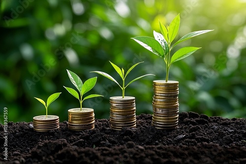 The tree is growing on a pile of coins with a natural backdrop, blurry green, money-saving ideas, and economic growth.