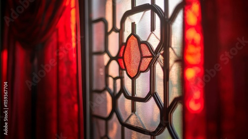 Red stained glass window framed by crimson curtains