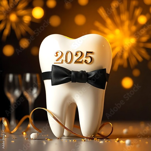 A tooth dressed in a sharp black suit and tie, with 