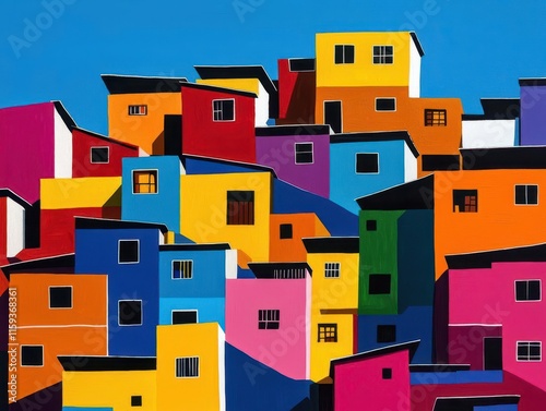 Vibrant acrylic of a Rio de Janeiro favela street, colorful houses stacked under bright tropical sunlight