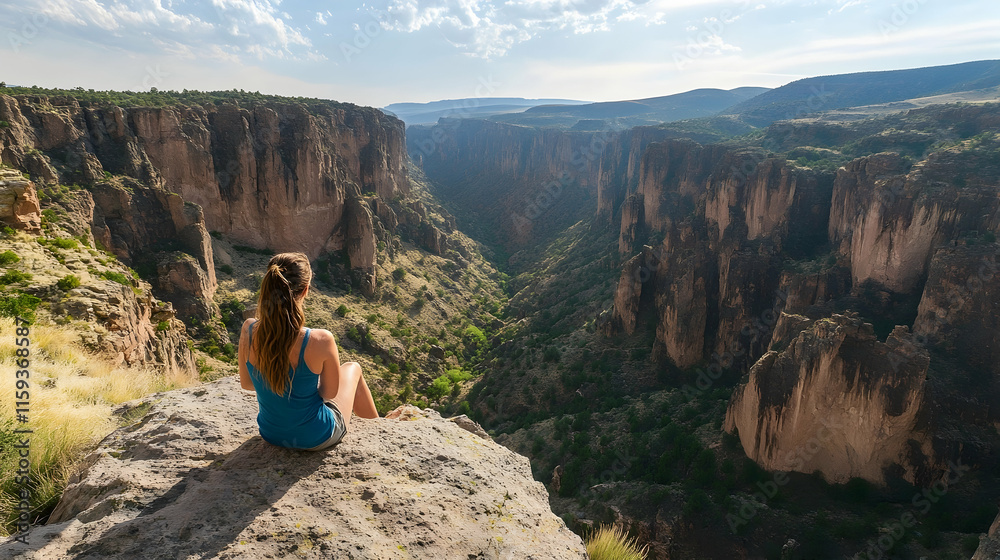 Naklejka premium A woman sitting on the edge of a cliff in a remote canyon in northern Arizona, United States, North America with dramatic rock formations below