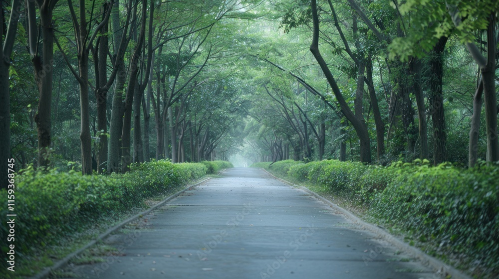 Fototapeta premium Road through a lush forest with green canopy.