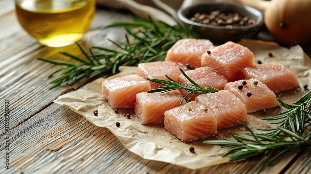 Raw fish cubes with rosemary and peppercorns. Raw fish cubes with rosemary and peppercorns.