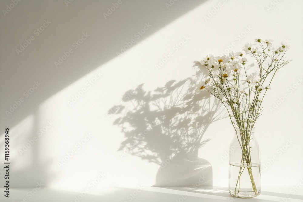Fototapeta premium Minimalist still life featuring wildflowers in a clear glass vase with natural light and subtle shadows for mock up design. Generative AI