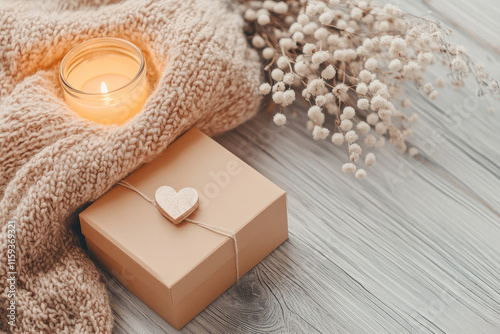 Cozy setup featuring gift box, candle, and dried flowers on wooden surface. warm ambiance evokes feelings of comfort and thoughtfulness