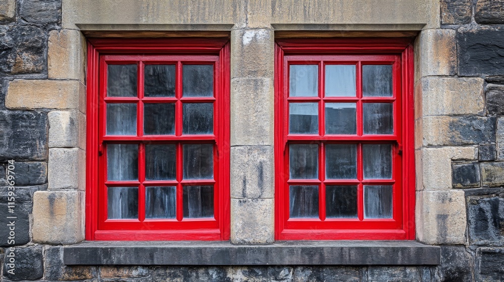 Two Bright Red Windows in a Stone Wall Two Bright Red Windows in a Stone Wall