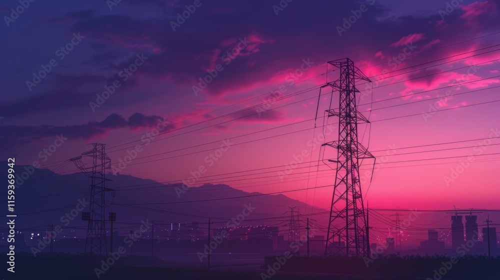 Purple sunset behind powerlines over distant city and hills. Purple sunset behind powerlines over distant city and hills.