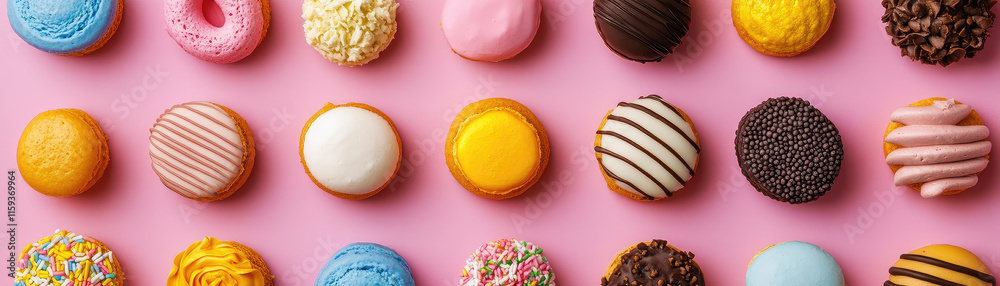 Obraz premium Delightful assortment of colorful donuts and pastries arranged on pink background, showcasing variety of flavors and toppings that evoke joy and celebration